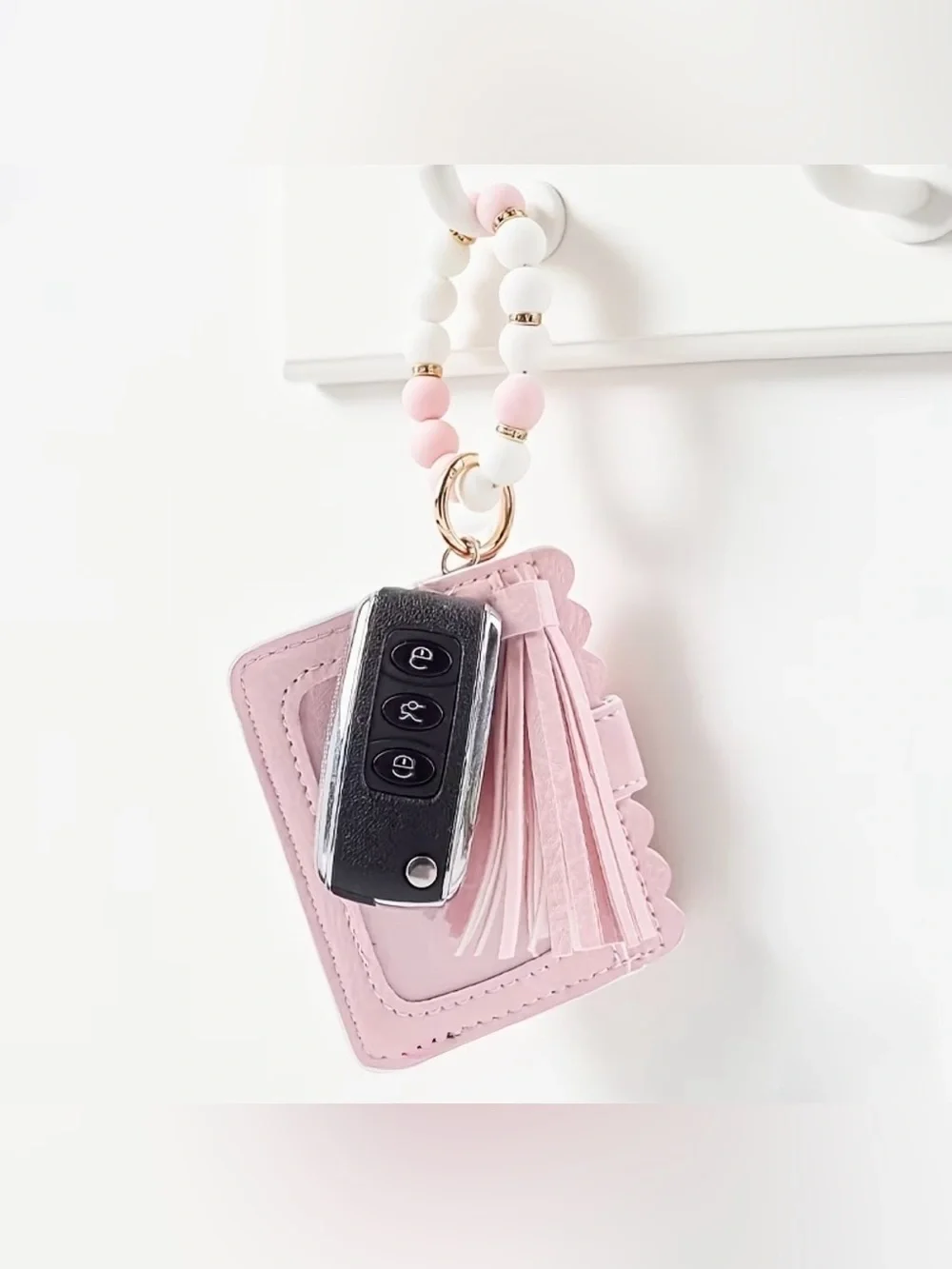 Blush Pink Silicone Beaded Tassel Wristlet Cardholder Keyring - New